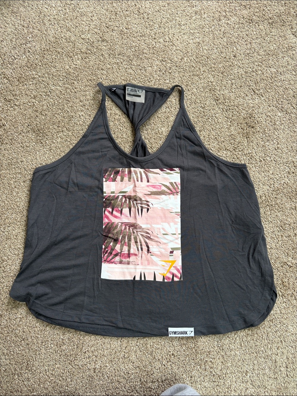 Gymshark Black Racerback Tank with Pink Palm Graphic